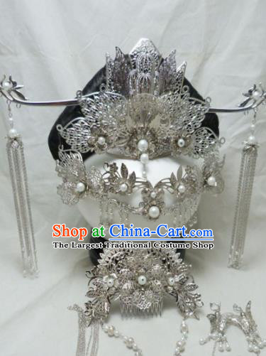 Chinese Ancient Palace Queen Hairpins Hair Accessories Traditional Argent Phoenix Coronet for Women