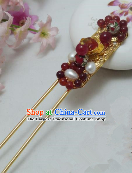 Chinese Ancient Hair Accessories Traditional Palace Red Beads Pearls Hairpins for Women