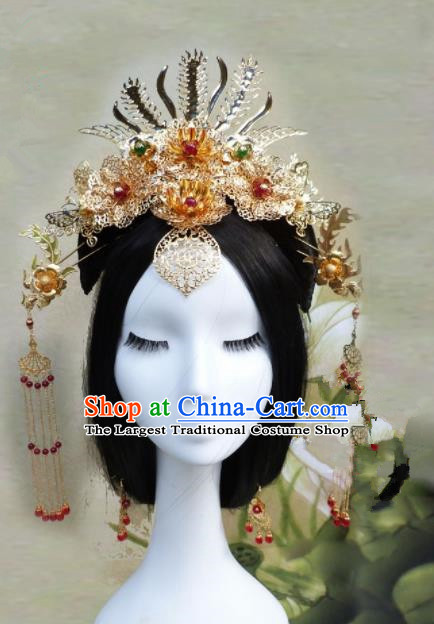 Chinese Traditional Palace Golden Hairpins Ancient Han Dynasty Queen Phoenix Coronet Hair Accessories for Women