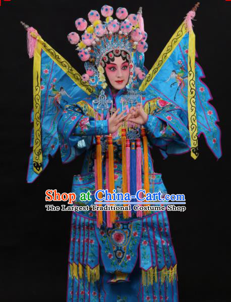 Professional Chinese Traditional Beijing Opera Costume Female General Embroidered Blue Clothing for Adults