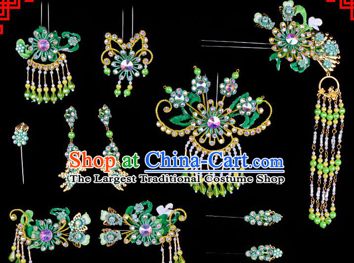 Chinese Beijing Opera Hair Accessories Ancient Princess Green Hairpins Headwear for Women