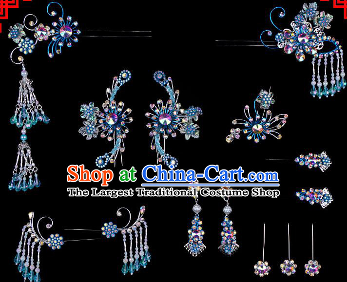 Chinese Beijing Opera Hair Accessories Ancient Princess Blue Hairpins Headwear for Women