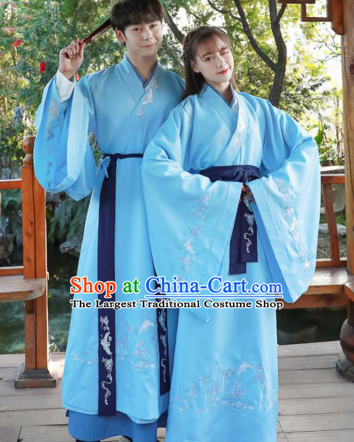 Chinese Ancient Swordsman Blue Hanfu Dress Traditional Han Dynasty Scholar Replica Costume for Women for Men