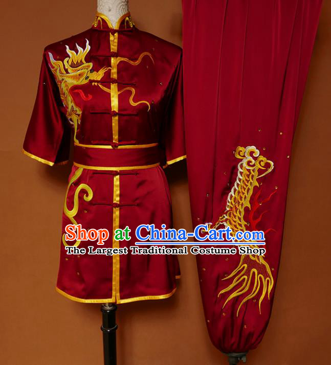 Top Kung Fu Group Competition Costume Martial Arts Training Embroidered Dragon Red Uniform for Men