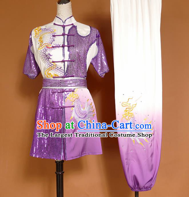 Top Kung Fu Group Competition Costume Martial Arts Training Embroidered Dragon Purple Uniform for Men