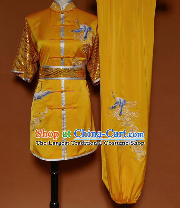 Top Kung Fu Group Competition Costume Martial Arts Training Embroidered Cranes Yellow Uniform for Men