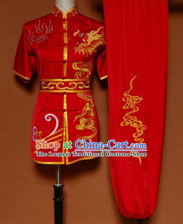 Top Kung Fu Group Competition Costume Martial Arts Training Embroidered Dragon Red Uniform for Men