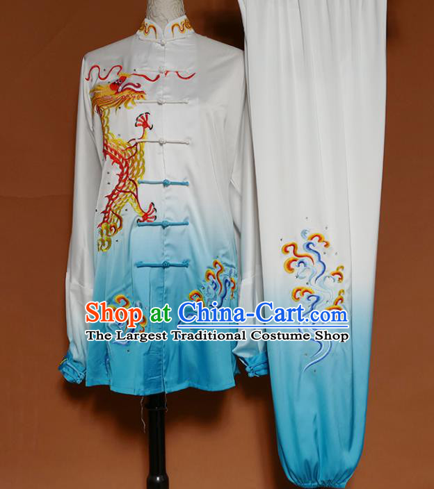 Top Grade Kung Fu Costume Martial Arts Training Tai Ji Embroidered Dragon Blue Uniform for Adults