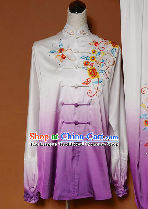 Top Group Kung Fu Costume Tai Ji Training Embroidered Flowers Purple Uniform Clothing for Women