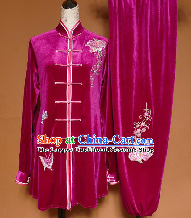 Top Group Kung Fu Costume Martial Arts Gongfu Training Uniform Tai Ji Rosy Velvet Clothing for Women