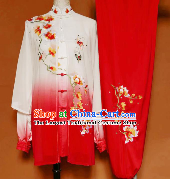 Top Grade Kung Fu Costume Martial Arts Training Tai Ji Embroidered Flowers Red Uniform for Adults