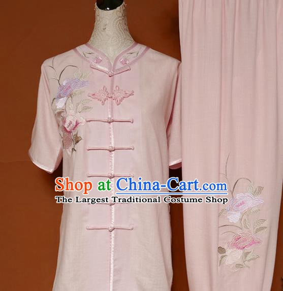 Top Group Kung Fu Costume Tai Ji Training Embroidered Peony Pink Uniform Clothing for Women