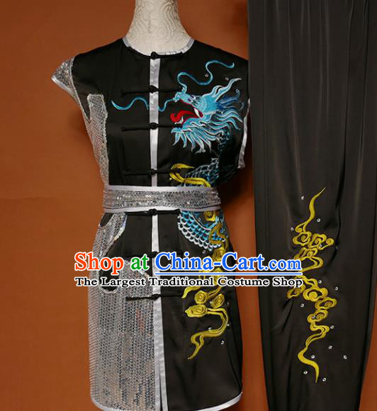 Top Kung Fu Group Competition Costume Martial Arts Wushu Embroidered Dragon Black Uniform for Men