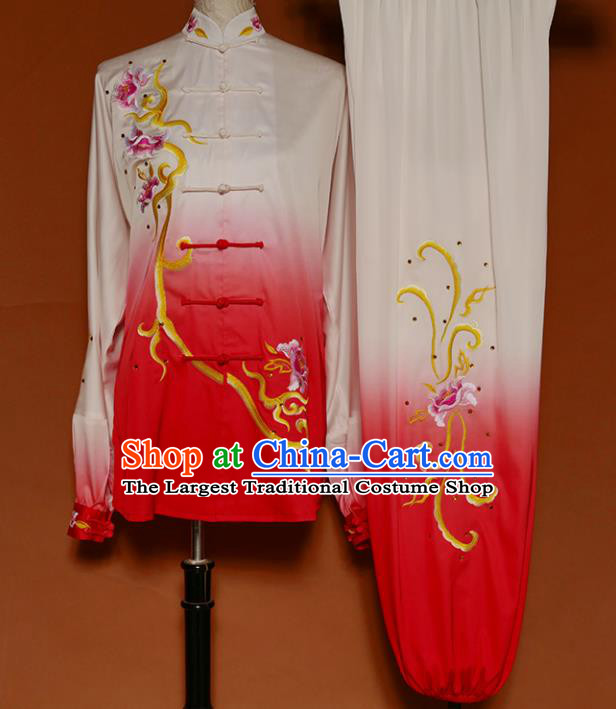 Top Group Kung Fu Costume Martial Arts Gongfu Training Uniform Tai Ji Embroidered Peony Red Clothing for Women