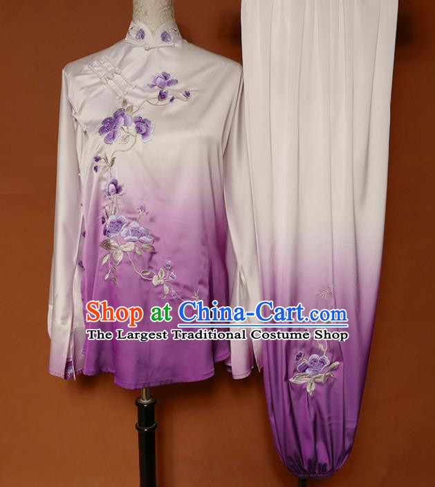 Top Group Kung Fu Costume Martial Arts Training Uniform Tai Ji Embroidered Purple Clothing for Women