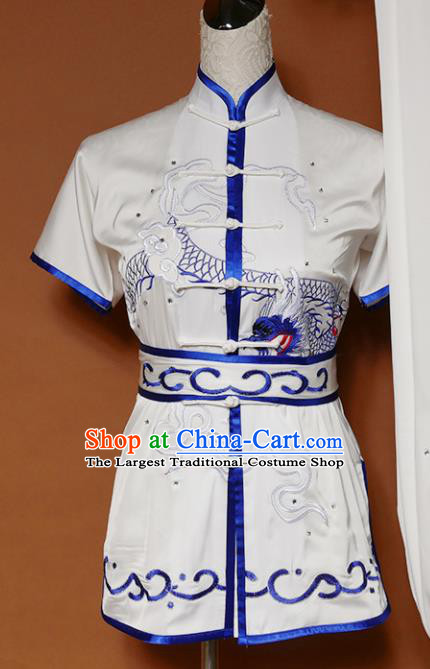 Top Kung Fu Group Competition Costume Martial Arts Wushu Embroidered Dragon White Uniform for Men