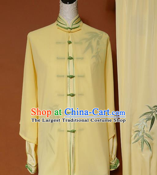 Top Group Kung Fu Costume Tai Ji Training Embroidered Bamboo Yellow Uniform Clothing for Women