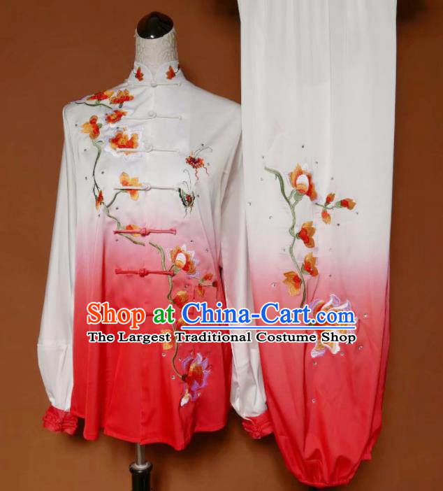 Top Group Kung Fu Costume Tai Ji Training Embroidered Magnolia Red Uniform Clothing for Women