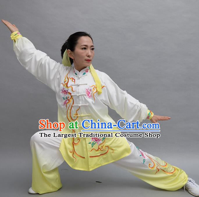 Top Group Kung Fu Costume Tai Ji Training Embroidered Peony Yellow Uniform Clothing for Women