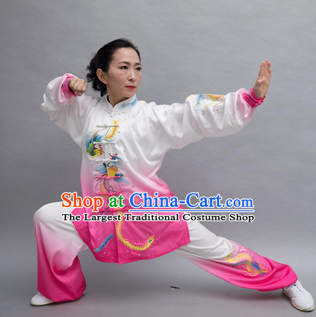 Top Tai Ji Training Embroidered Phoenix Rosy Uniform Kung Fu Group Competition Costume for Women