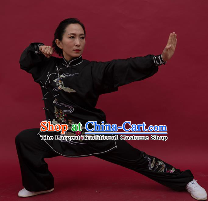 Top Tai Ji Training Embroidered Black Uniform Kung Fu Group Competition Costume for Women