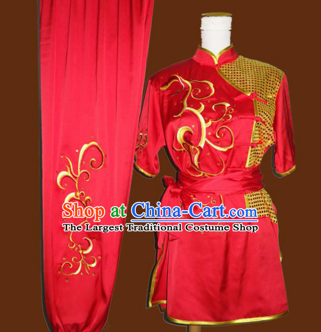 Top Grade Kung Fu Embroidered Red Costume Chinese Tai Chi Martial Arts Training Uniform for Adults