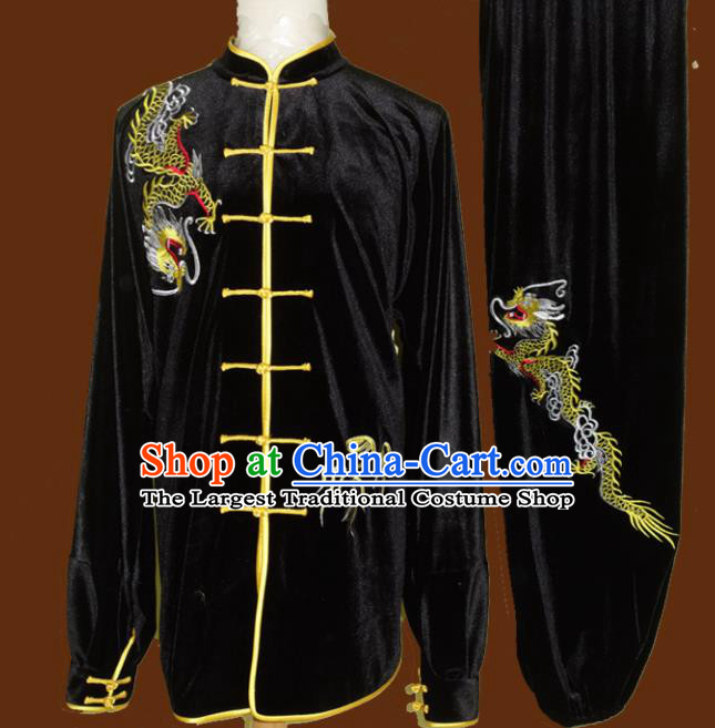 Top Grade Kung Fu Embroidered Dragon Black Velvet Costume Chinese Tai Chi Martial Arts Training Uniform for Adults