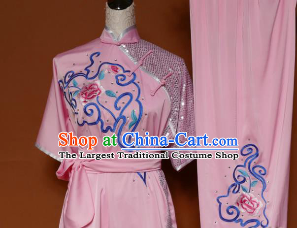 Top Martial Arts Training Embroidered Pink Uniform Kung Fu Group Competition Costume for Women