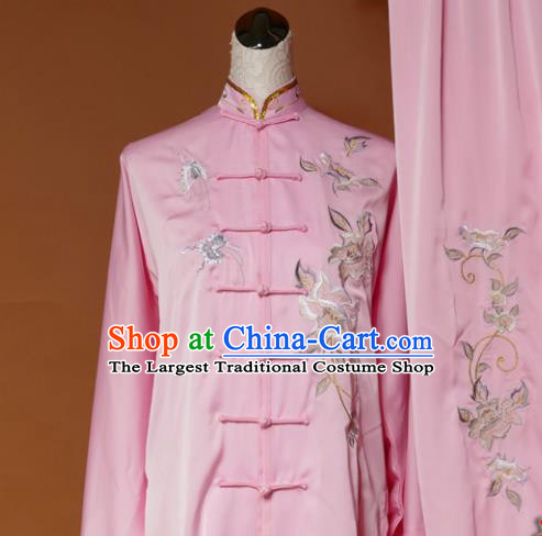 Chinese Traditional Tai Chi Training Embroidered Pink Silk Uniform Kung Fu Group Competition Costume for Women