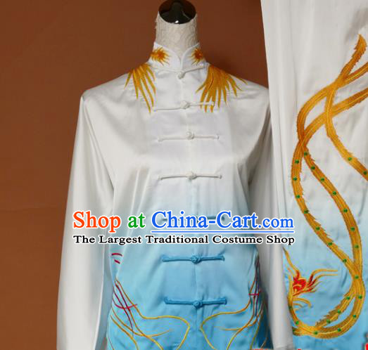 Chinese Traditional Tai Chi Training Embroidered Phoenix Blue Silk Uniform Kung Fu Group Competition Costume for Women