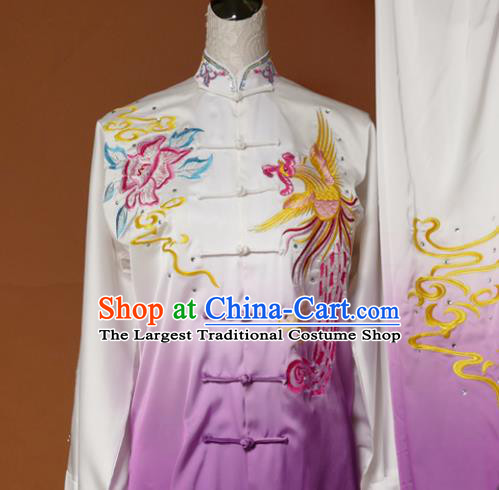 Chinese Traditional Tai Chi Training Embroidered Phoenix Peony Purple Uniform Kung Fu Group Competition Costume for Women