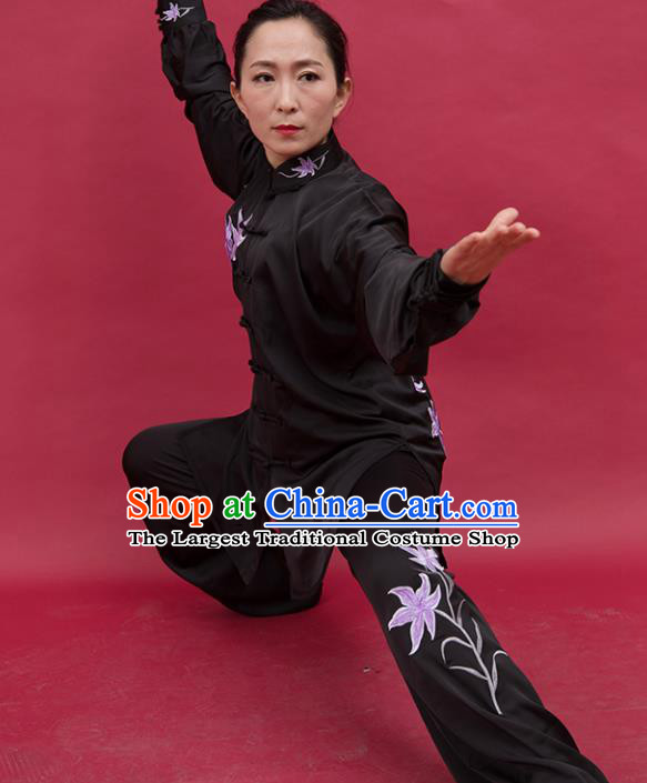 Top Group Kung Fu Costume Tai Ji Training Embroidered Orchid Black Uniform Clothing for Women