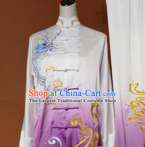 Chinese Traditional Tai Chi Embroidered Purple Silk Uniform Kung Fu Group Competition Costume for Women