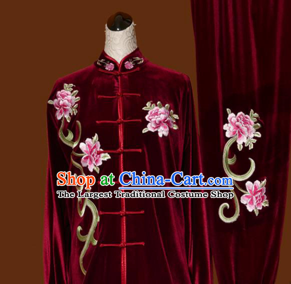 Chinese Traditional Tai Chi Embroidered Peony Red Velvet Uniform Kung Fu Group Competition Costume for Women