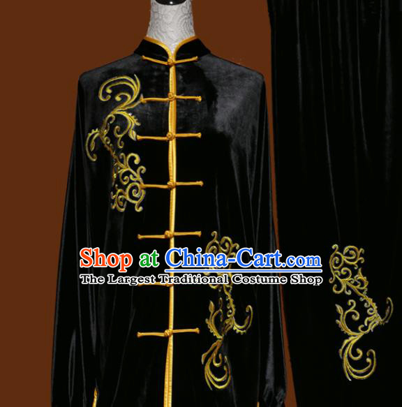 Top Kung Fu Group Competition Costume Martial Arts Wushu Black Velvet Uniform for Men