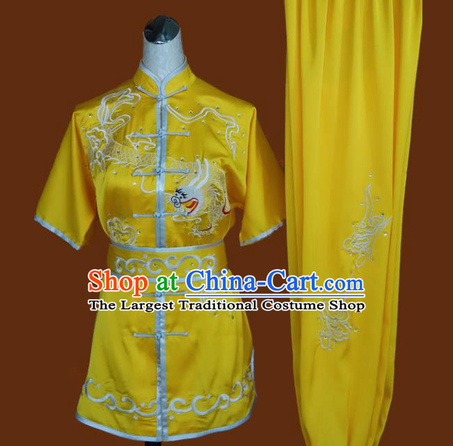 Top Grade Kung Fu Embroidered Dragon Yellow Costume Chinese Tai Chi Martial Arts Training Uniform for Adults