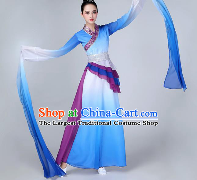 Chinese Traditional Stage Performance Costume Classical Dance Blue Water Sleeve Dress for Women