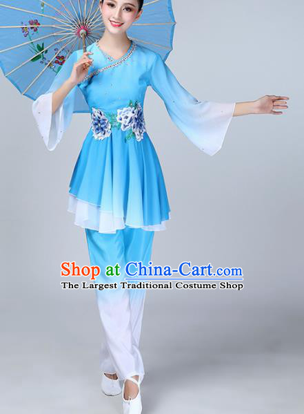 Chinese Traditional Stage Performance Folk Dance Costume National Fan Dance Blue Clothing for Women