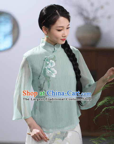 Chinese National Costume Traditional Classical Cheongsam Green Blouse for Women