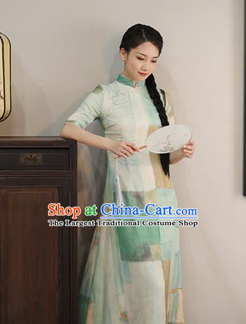 Chinese National Costume Traditional Classical Cheongsam Printing Green Qipao Dress for Women