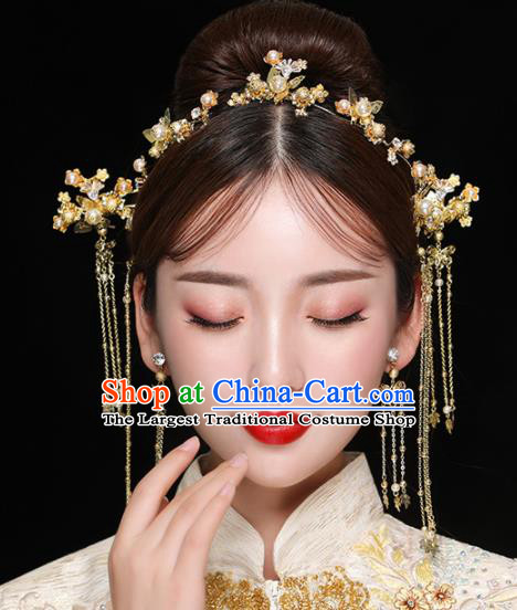 Chinese Ancient Handmade Golden Hair Clasp Bride Hairpins Traditional Classical Wedding Hair Accessories for Women