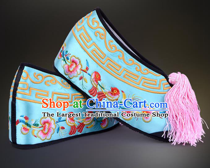 Professional Chinese Beijing Opera Actress Shoes Ancient Princess Blue Embroidered Shoes for Women