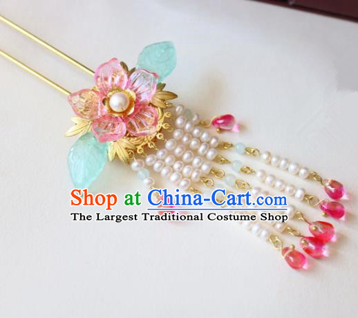 Chinese Ancient Handmade Pink Cherry Blossom Tassel Hairpins Traditional Classical Hair Accessories for Women