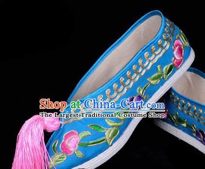 Professional Chinese Beijing Opera Princess Shoes Ancient Peri Blue Embroidered Shoes for Women