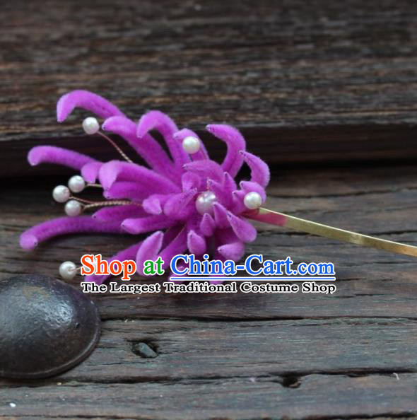 Top Grade Chinese Ancient Palace Queen Purple Velvet Chrysanthemum Hairpins Traditional Hair Accessories Headdress for Women