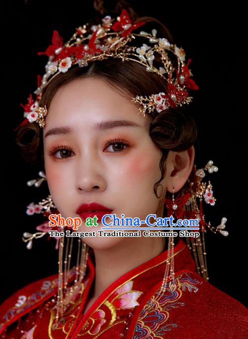 Chinese Traditional Palace Red Butterfly Tassel Phoenix Coronet Hairpins Ancient Wedding Hair Accessories for Women