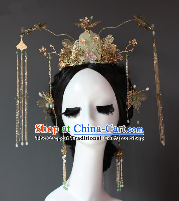 Chinese Ancient Palace Queen Jade Phoenix Coronet Hairpins Traditional Hair Accessories Headdress for Women