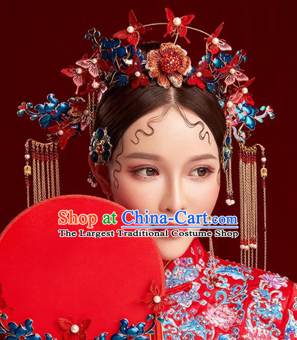 Chinese Traditional Palace Phoenix Coronet Hairpins Ancient Wedding Red Butterfly Hair Accessories for Women