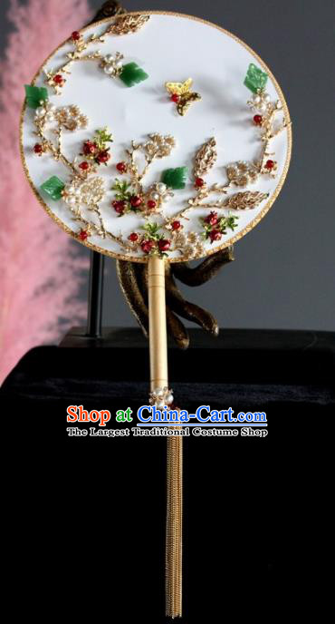 Chinese Handmade Classical Jade Leaf Palace Fans Wedding Bride Accessories Round Fan for Women