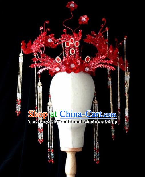 Chinese Ancient Palace Red Phoenix Coronet Hairpins Traditional Hair Accessories Headdress for Women